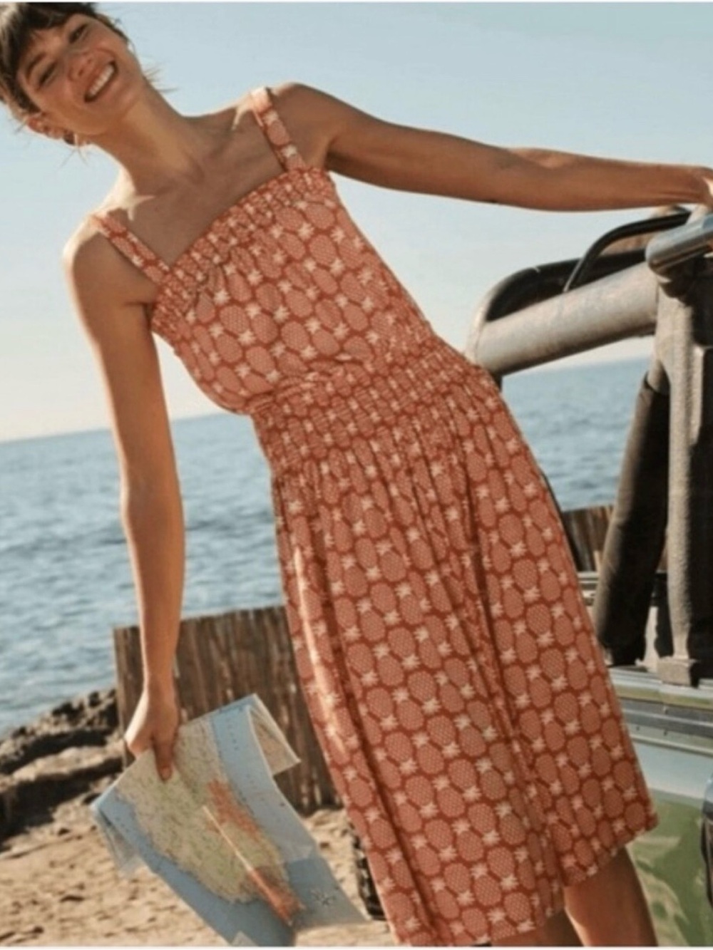 Boden Rust and White Pineapple Print Smocked Jersey Midi Dress 8 Long